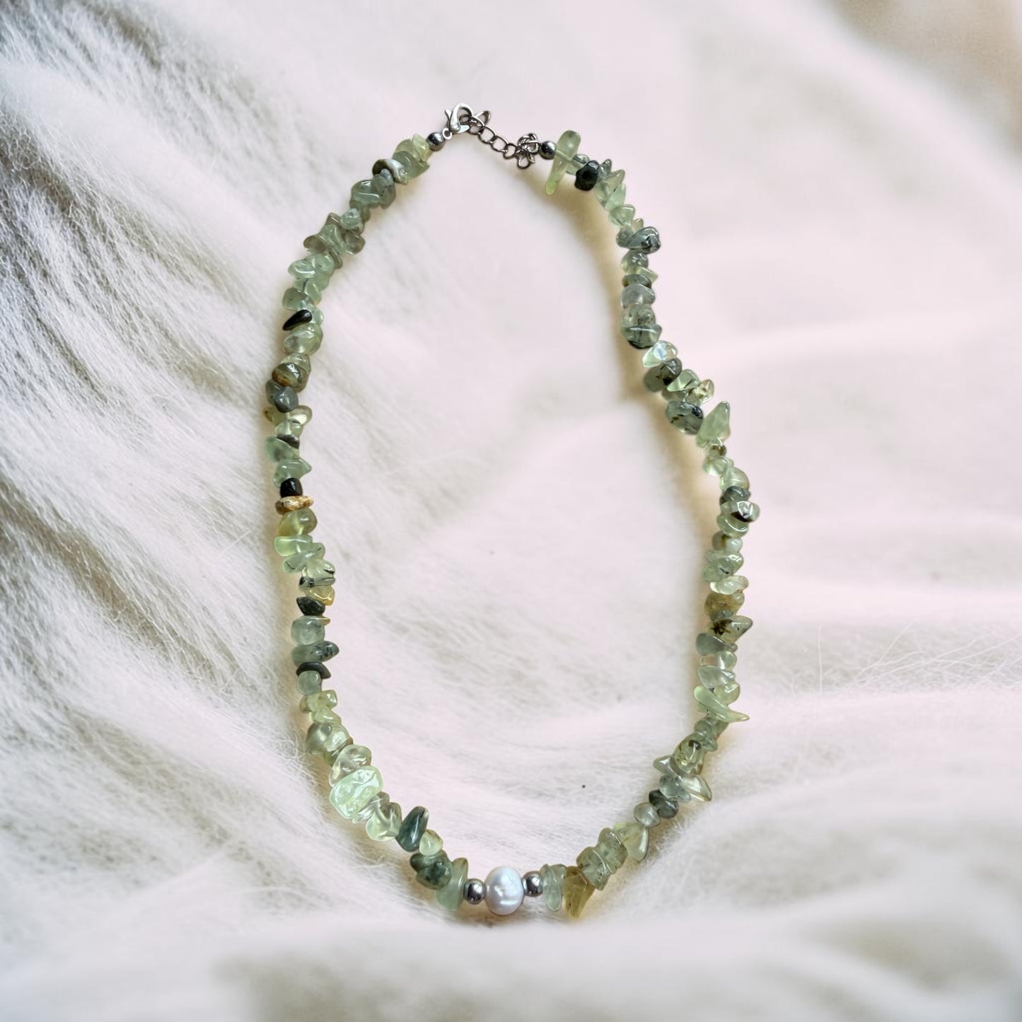 Prehnite Chip Necklace with Freshwater Pearl