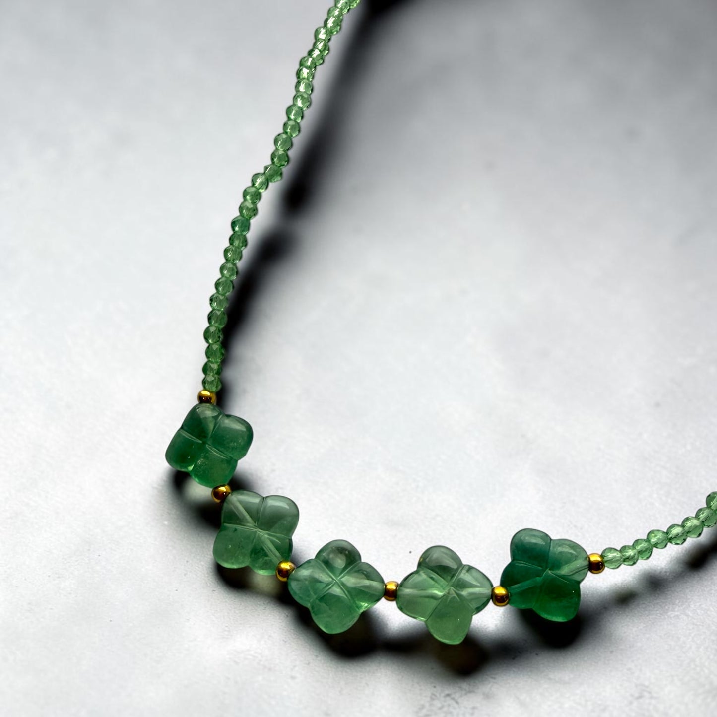 Green Quartz with Five Green Fluorite Clover Necklace