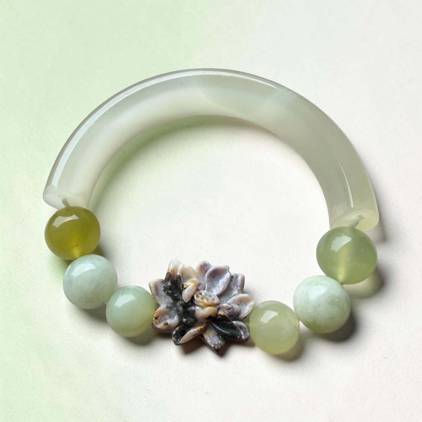 Jade (Xiu Yu) Half-Bangle Bracelet with Ocean Jasper Lotus & Mixed Xiu Yu and Hetian Jade Beads