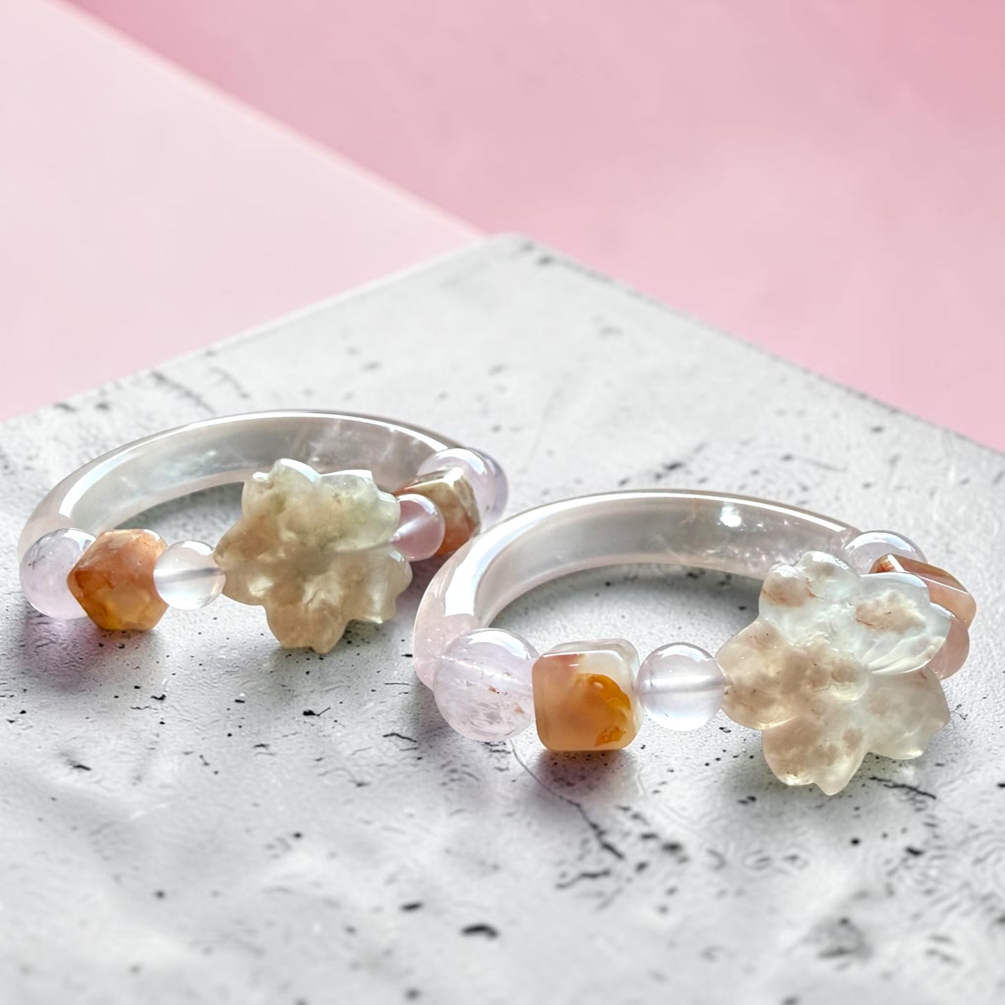 Rose Quartz Half Bangle with Sakura Agate