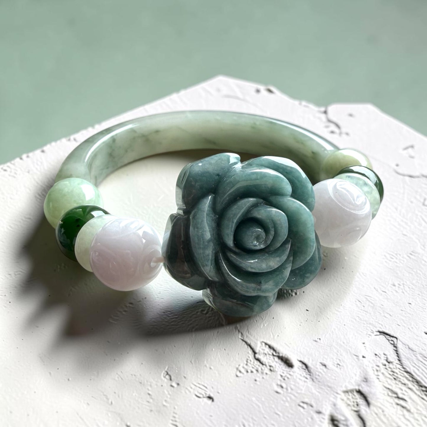 Jade Rose Half-Bangle Bracelet (Green & Lavender Jade)