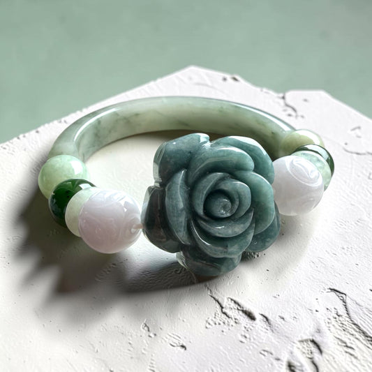 Jade Rose Half-Bangle Bracelet (Green & Lavender Jade)