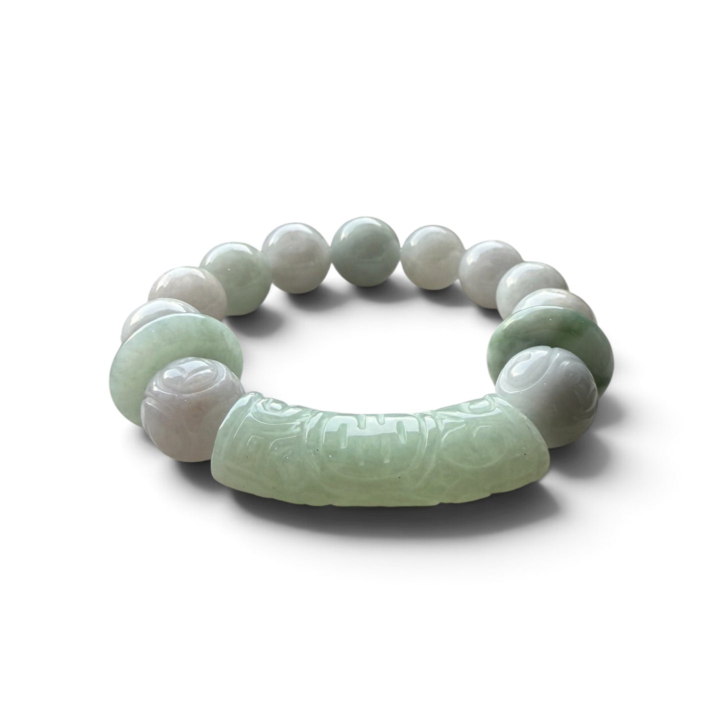 Jadeite Curved Barrel Bracelet with Lucky Turn Beads & Jadeite Donut Spacers