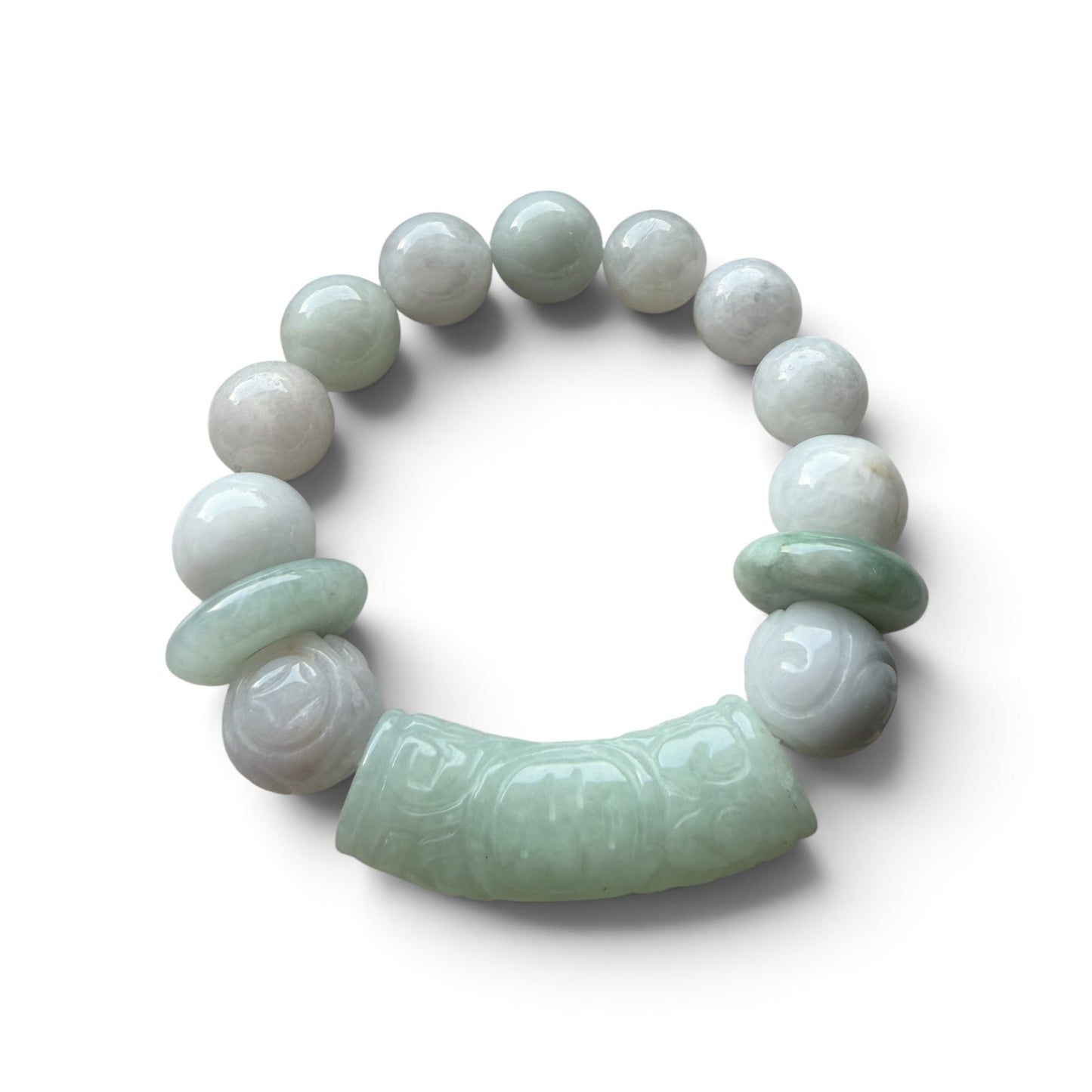 Jadeite Curved Barrel Bracelet with Lucky Turn Beads & Jadeite Donut Spacers
