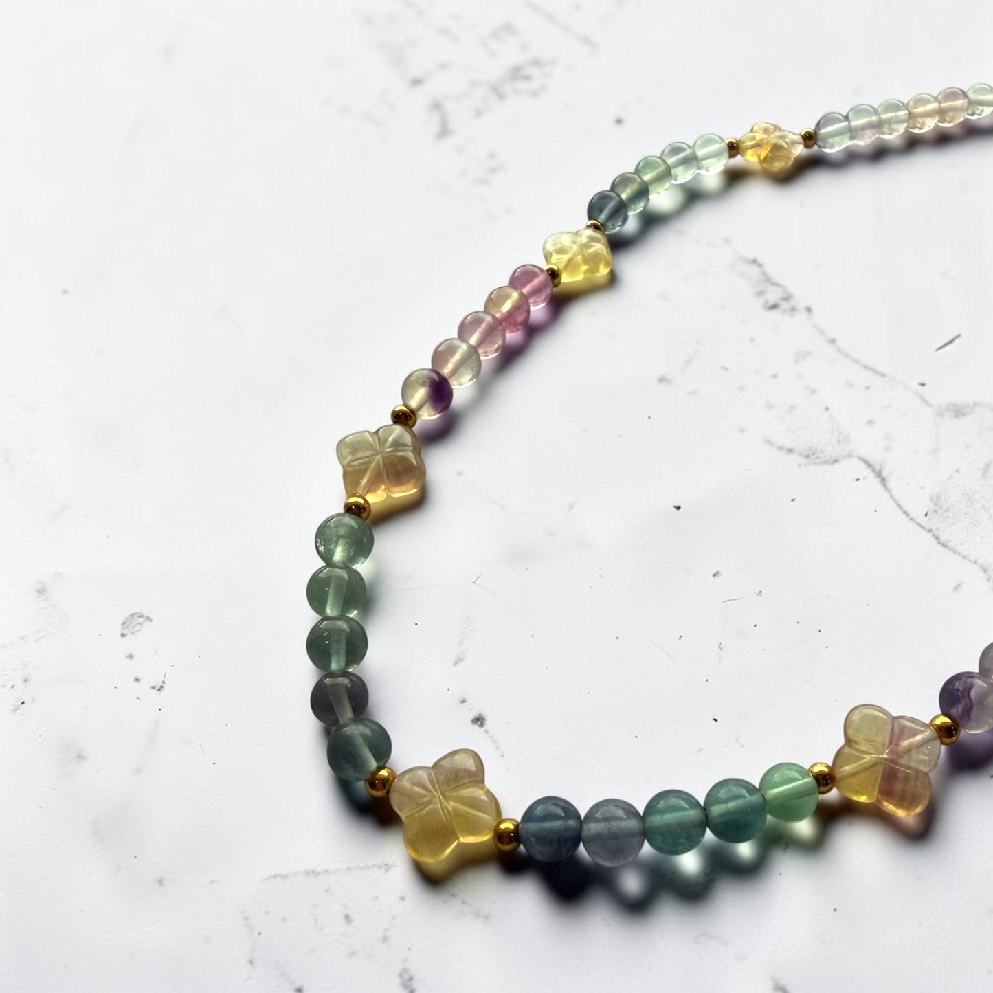 Fluorite Multi-Color with Yellow Fluorite Clover Necklace
