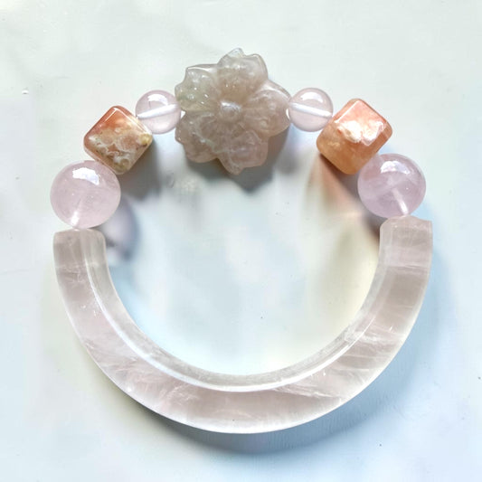 Rose Quartz Half Bangle with Sakura Agate