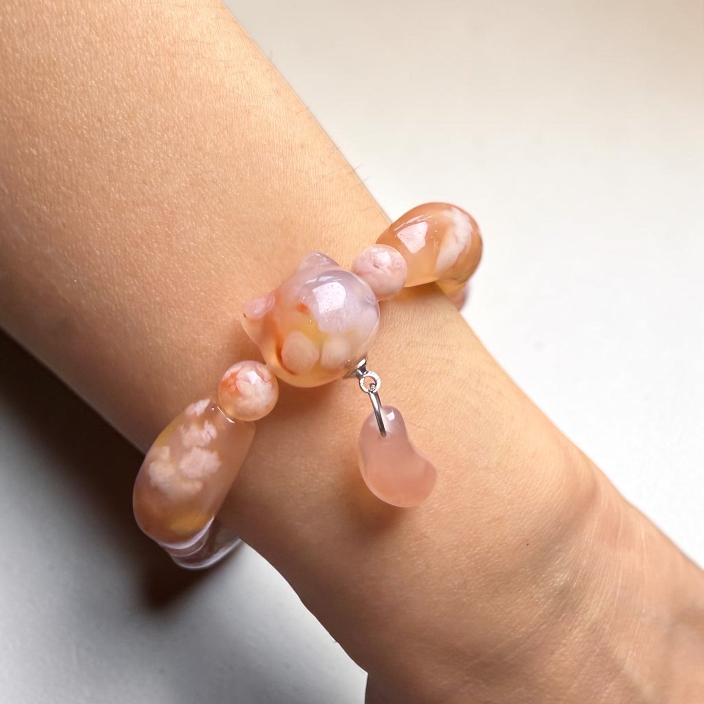 Sakura Agate Barrel Cat Design Bracelet