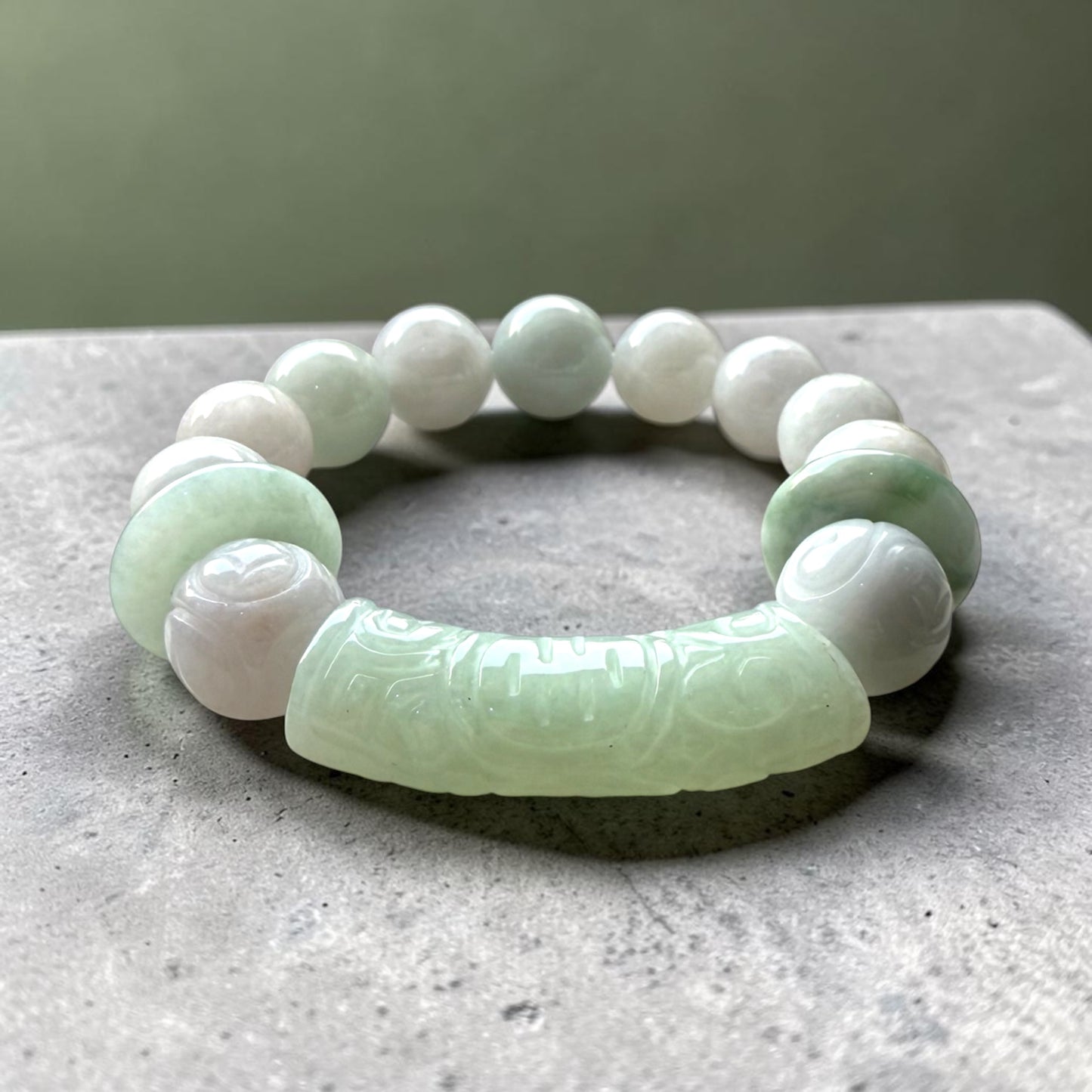 Jadeite Curved Barrel Bracelet with Lucky Turn Beads & Jadeite Donut Spacers