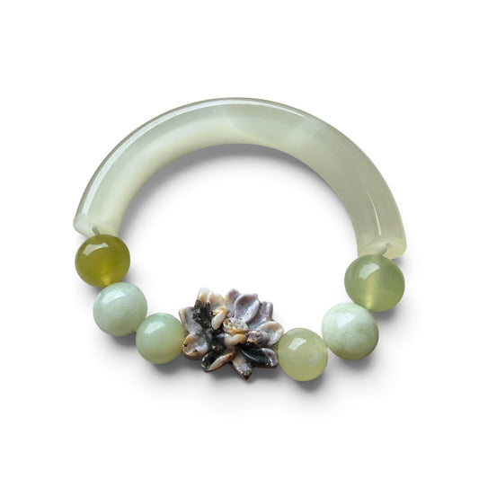 Jade (Xiu Yu) Half-Bangle Bracelet with Ocean Jasper Lotus & Mixed Xiu Yu and Hetian Jade Beads