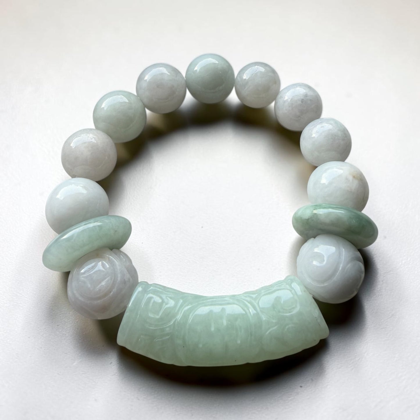 Jadeite Curved Barrel Bracelet with Lucky Turn Beads & Jadeite Donut Spacers