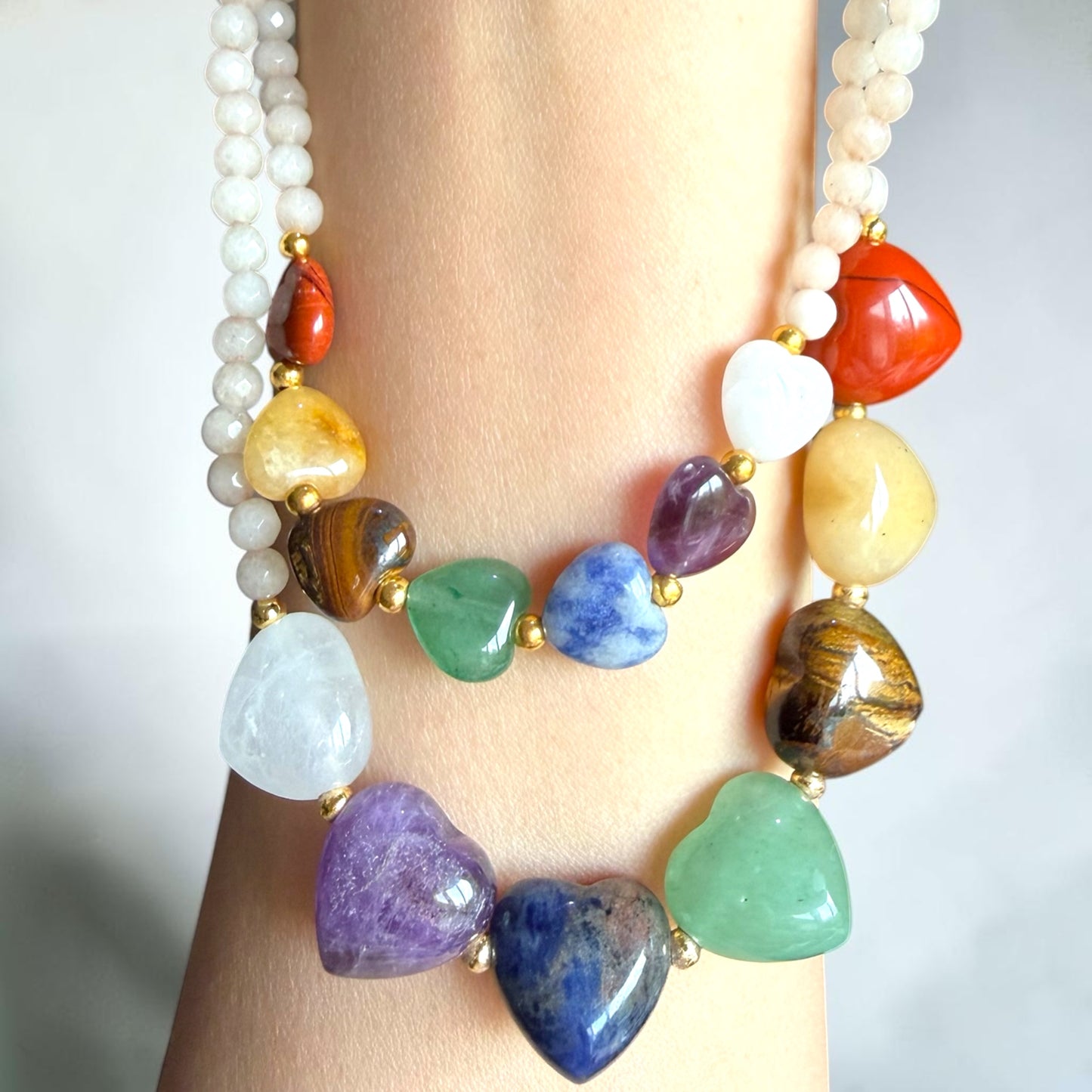Seven Chakra in Faceted White Jade Necklace