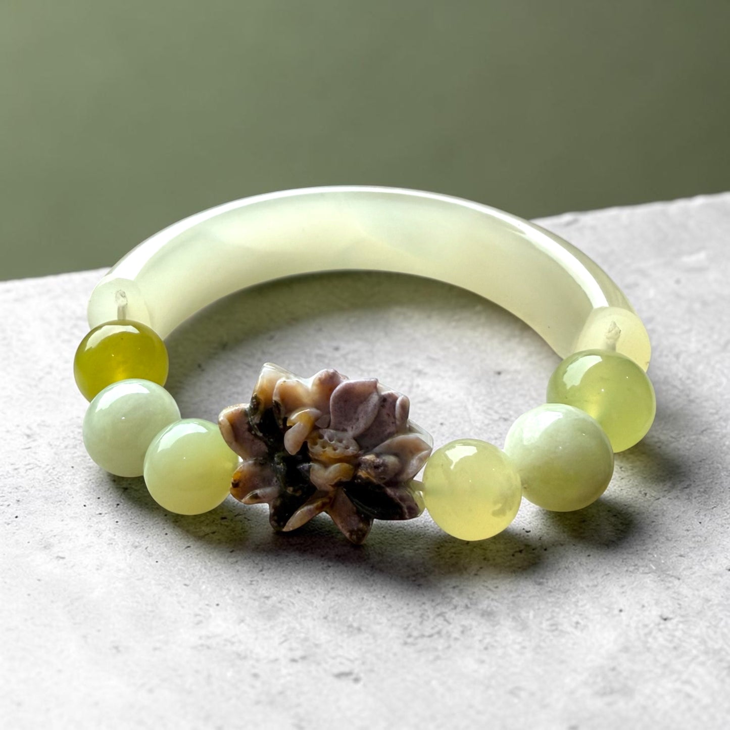 Jade (Xiu Yu) Half-Bangle Bracelet with Ocean Jasper Lotus & Mixed Xiu Yu and Hetian Jade Beads
