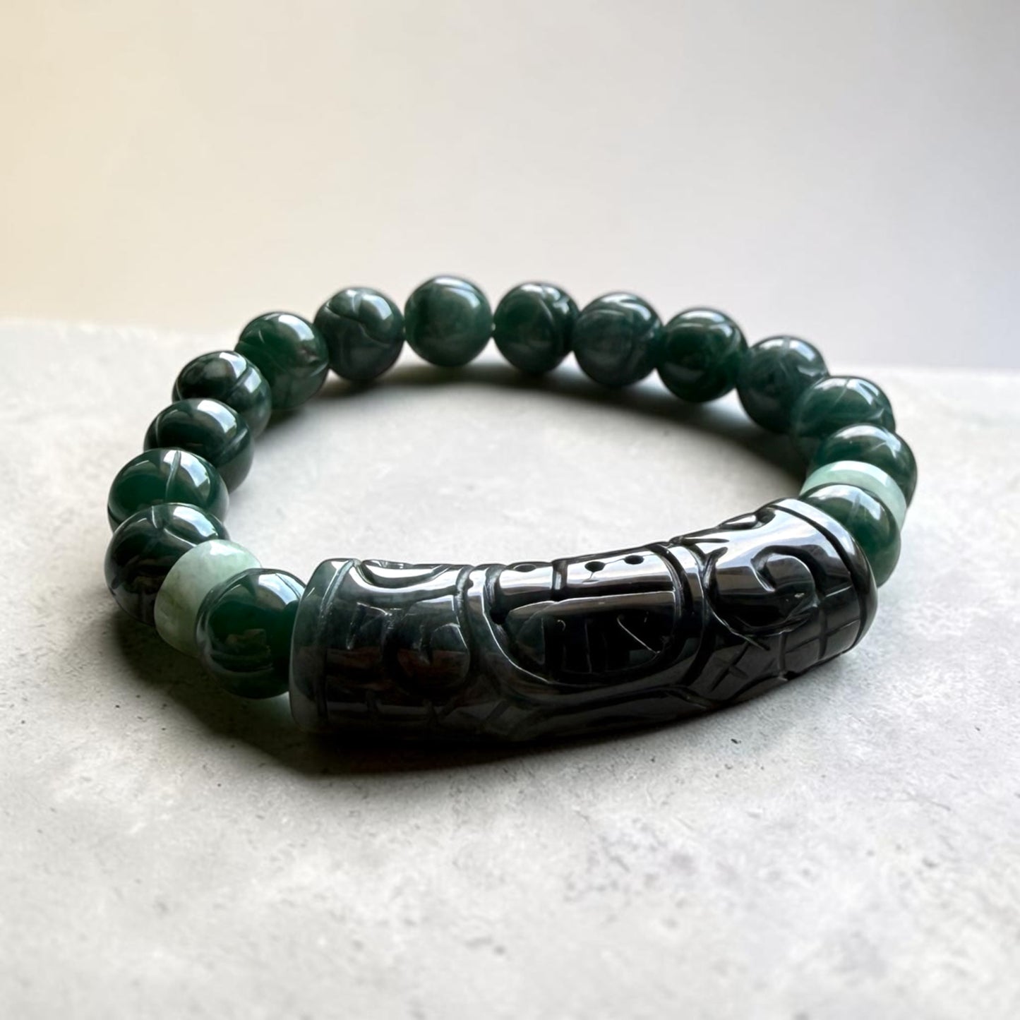 Dark Green Jade Prosperity Barrel Bracelet