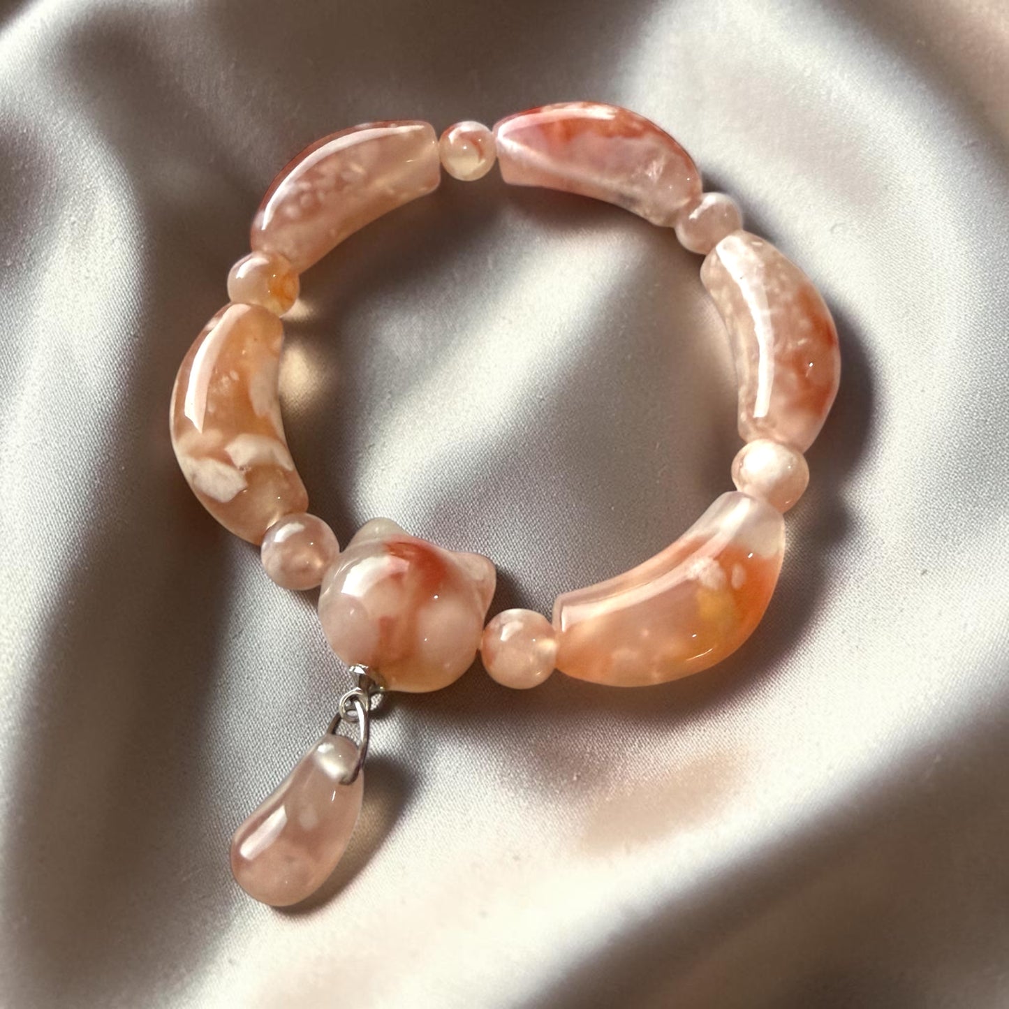Sakura Agate Barrel Cat Design Bracelet
