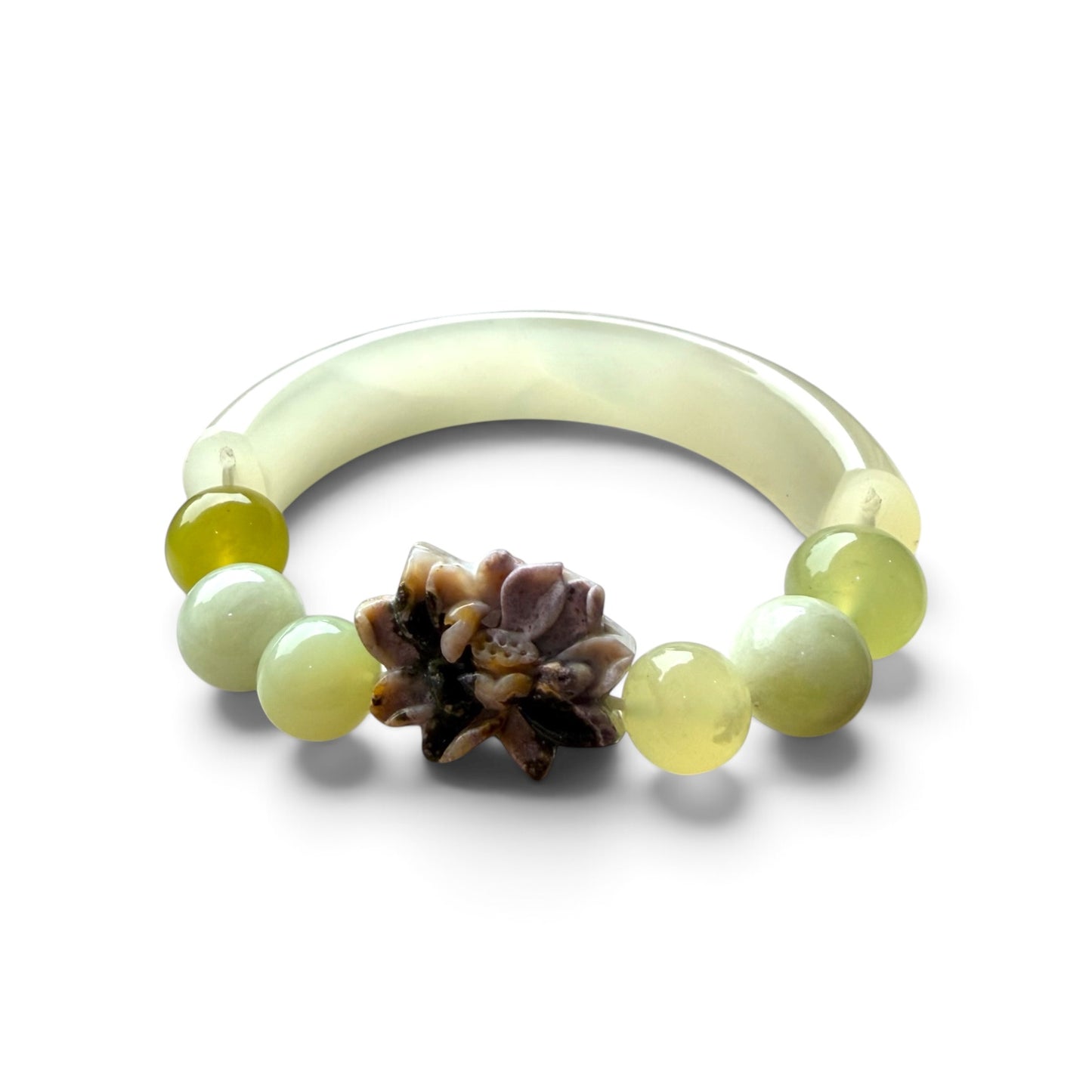 Jade (Xiu Yu) Half-Bangle Bracelet with Ocean Jasper Lotus & Mixed Xiu Yu and Hetian Jade Beads