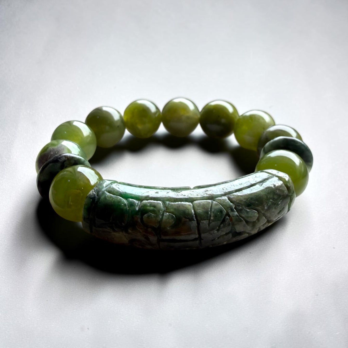 Xiuyan Jade & Green Jadeite Barrel Bracelet