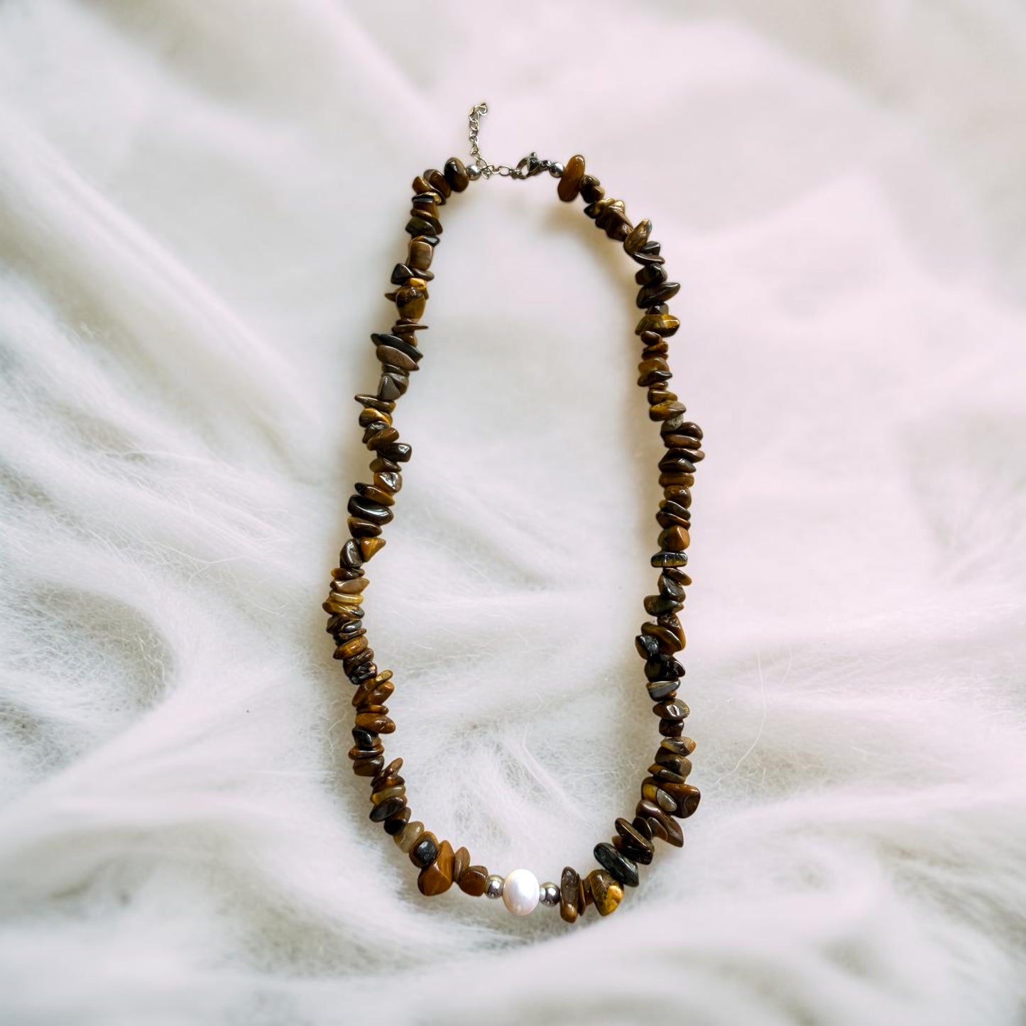 Tiger’s Eye Chip Necklace with Freshwater Pearl