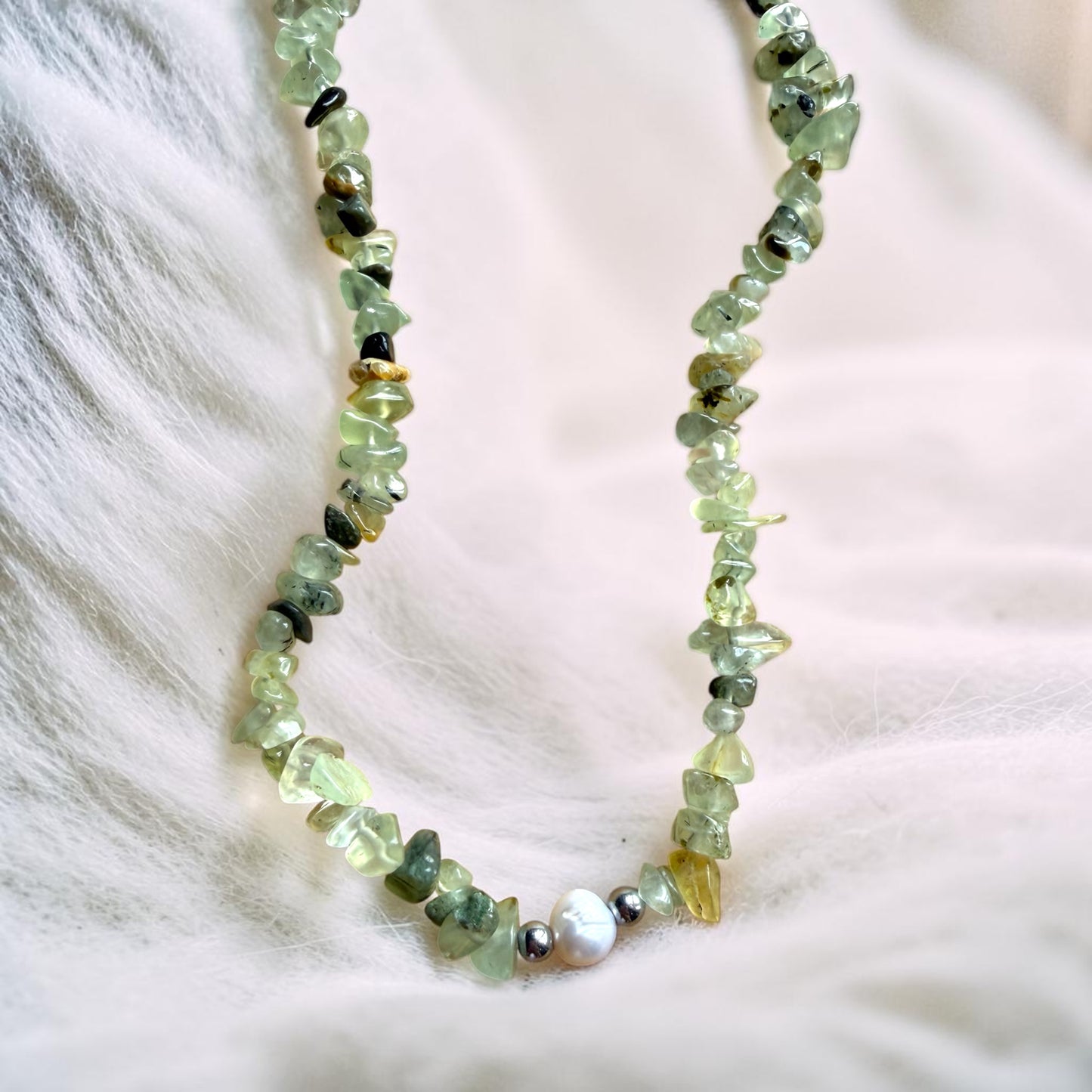 Prehnite Chip Necklace with Freshwater Pearl