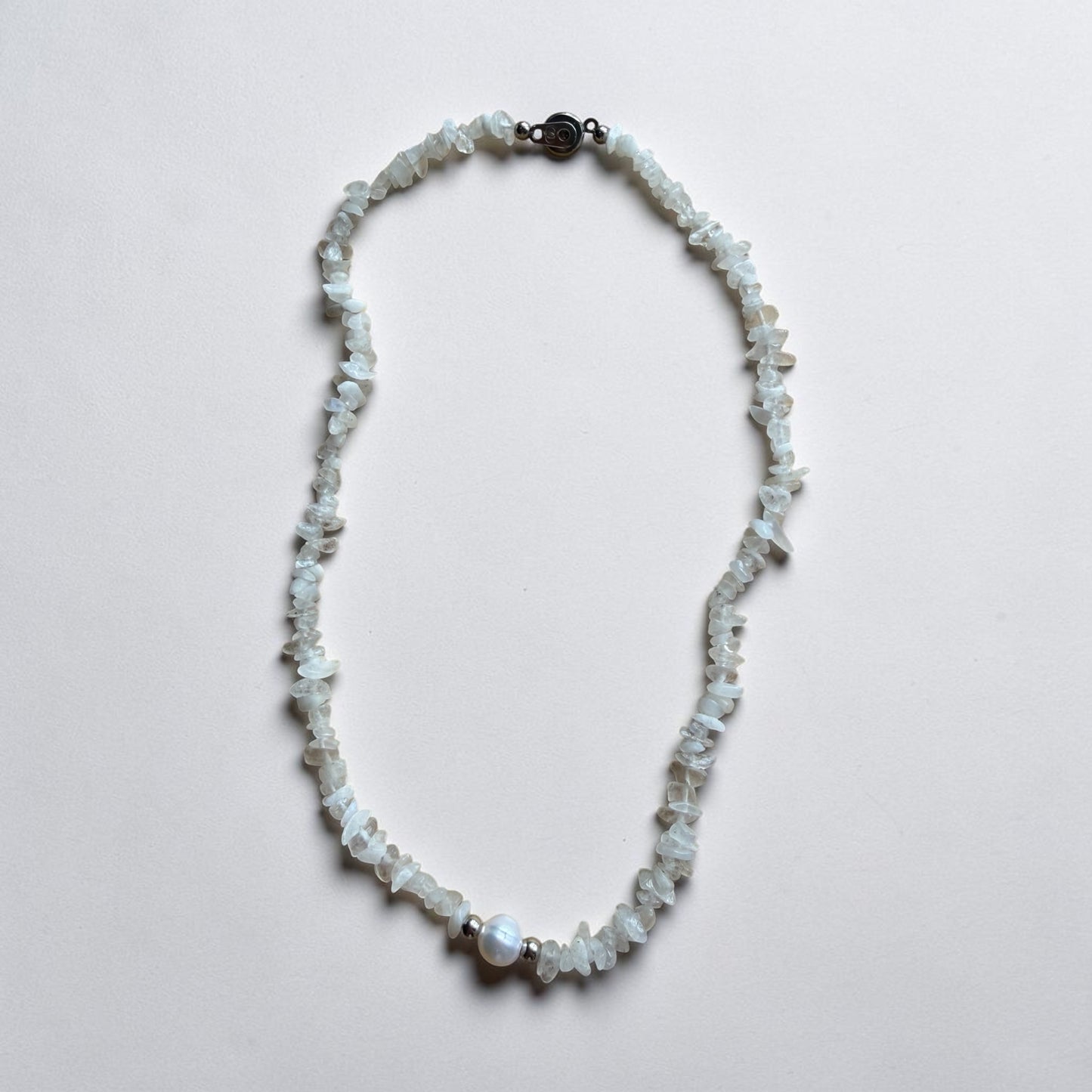 White Moonstone Chip Necklace with Freshwater Pearl