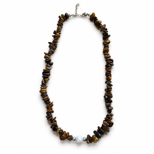 Tiger’s Eye Chip Necklace with Freshwater Pearl