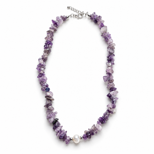 Amethyst Chip Necklace with Freshwater Pearl