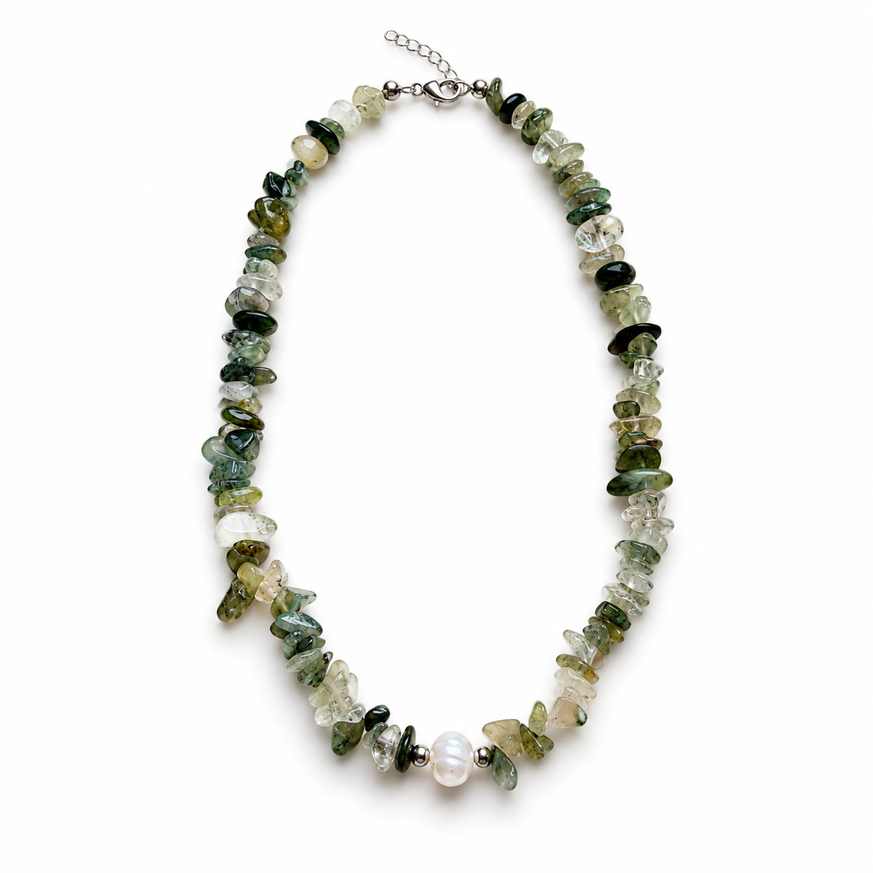 Moss Agate Chip Necklace with Freshwater Pearl