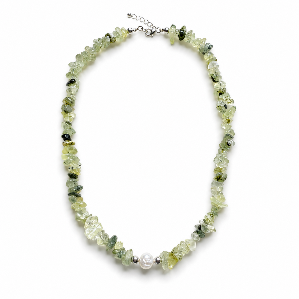 Prehnite Chip Necklace with Freshwater Pearl
