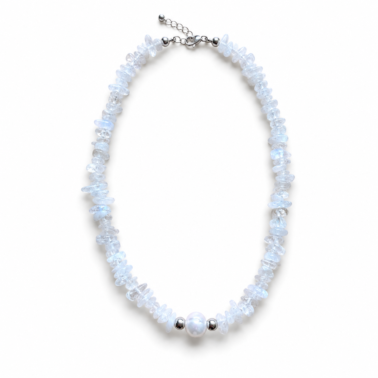 White Moonstone Chip Necklace with Freshwater Pearl