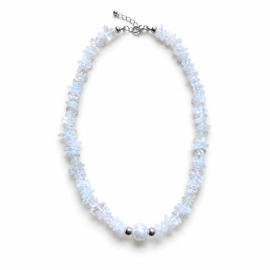 White Moonstone Chip Necklace with Freshwater Pearl