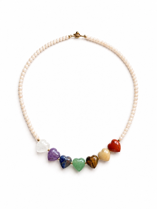 Seven Chakra in Faceted White Jade Necklace