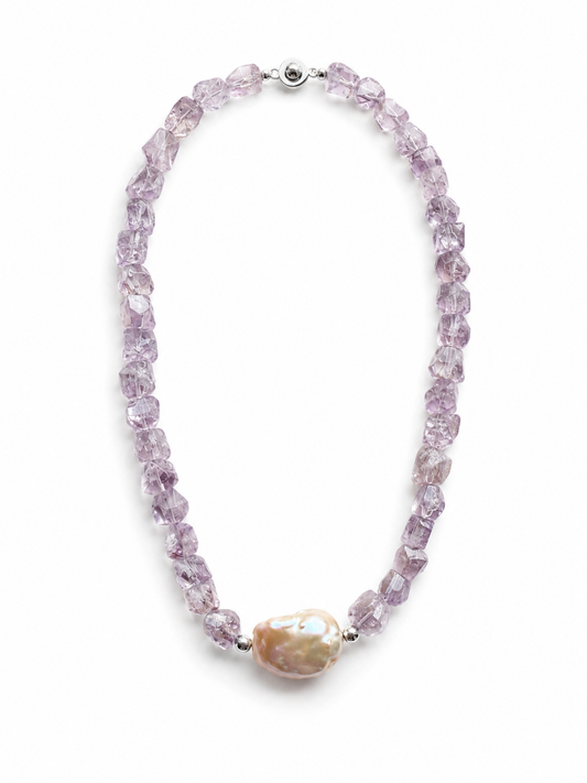 Amethyst Raw Freeform with Baroque Pearl Necklace