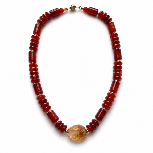 Carnelian Rondelle & Tube with Citrine Freeform Necklace