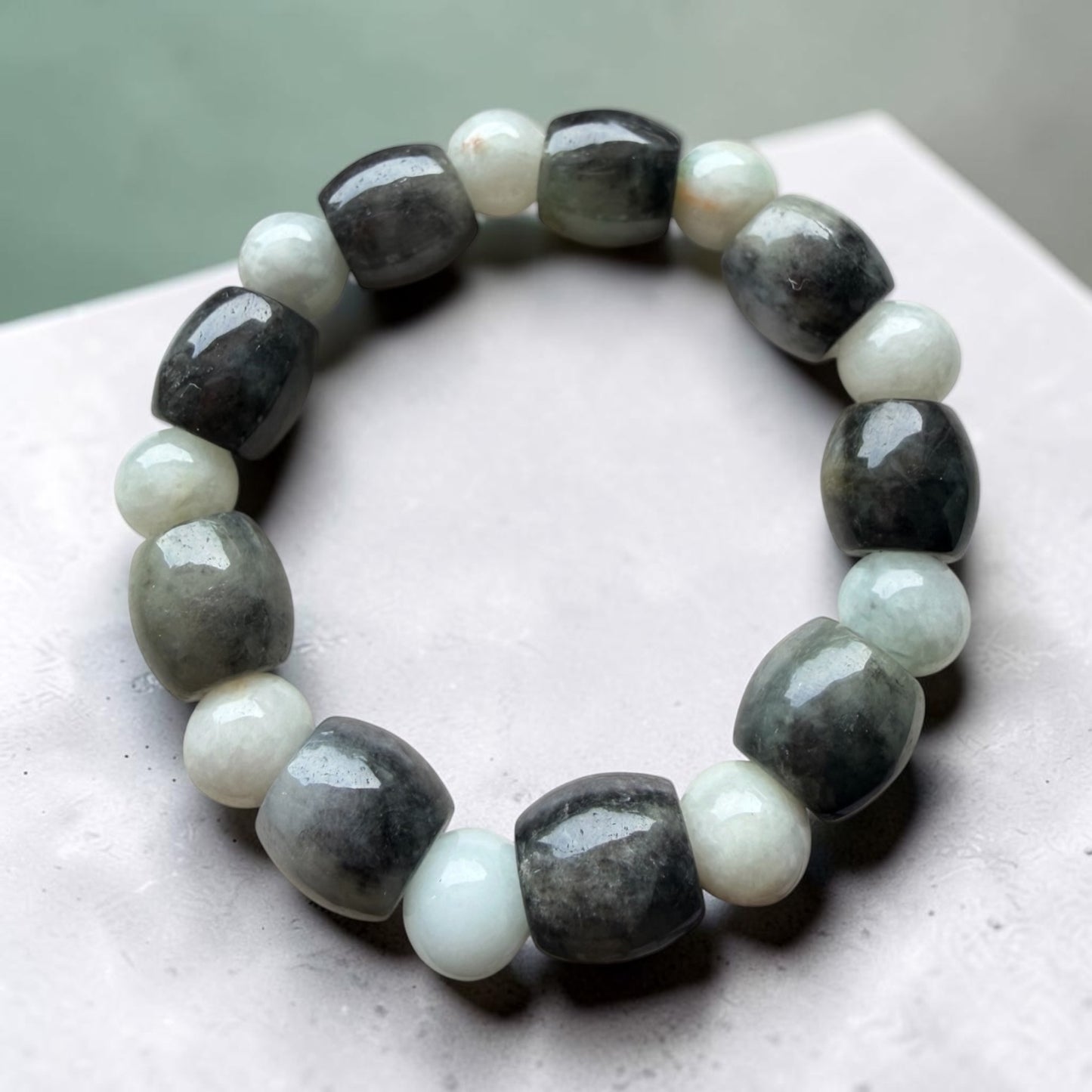 Wuji Jade Barrel & Green Jade Round Bracelet