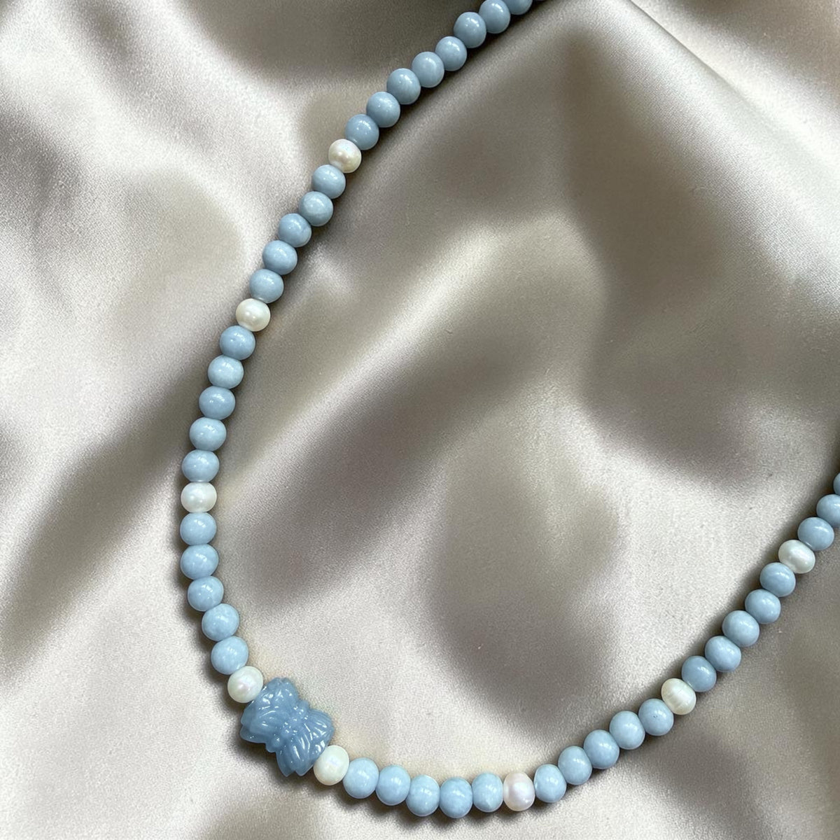Angelite with Double Lotus & Freshwater Pearl Necklace